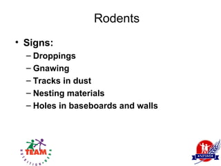 Rodents
• Signs:
  – Droppings
  – Gnawing
  – Tracks in dust
  – Nesting materials
  – Holes in baseboards and walls
 