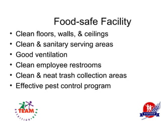 Food-safe Facility
•   Clean floors, walls, & ceilings
•   Clean & sanitary serving areas
•   Good ventilation
•   Clean employee restrooms
•   Clean & neat trash collection areas
•   Effective pest control program
 