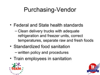 Purchasing-Vendor

• Federal and State health standards
  – Clean delivery trucks with adequate
    refrigeration and freezer units, correct
    temperatures, separate raw and fresh foods
• Standardized food sanitation
  – written policy and procedures
• Train employees in sanitation
 