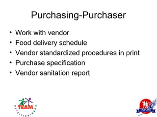 Purchasing-Purchaser
•   Work with vendor
•   Food delivery schedule
•   Vendor standardized procedures in print
•   Purchase specification
•   Vendor sanitation report
 