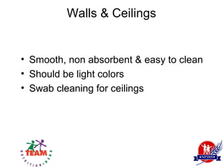 Walls & Ceilings


• Smooth, non absorbent & easy to clean
• Should be light colors
• Swab cleaning for ceilings
 