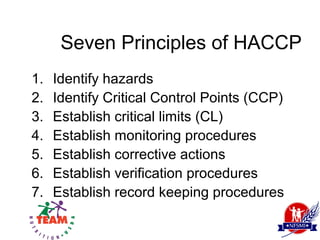 Seven Principles of HACCP
1.   Identify hazards
2.   Identify Critical Control Points (CCP)
3.   Establish critical limits (CL)
4.   Establish monitoring procedures
5.   Establish corrective actions
6.   Establish verification procedures
7.   Establish record keeping procedures
 