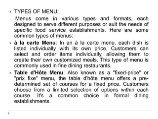 FOOD SERVICE MANAGEMENT, FOOD TECHNIQUES, FOOD SERVING, SERVING TYPES ...