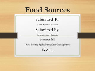 Food Sources
Submitted To:
Mam Saima Kubabib
Submitted By:
Muhammad Hannan
Semester 2nd
B.Sc. (Hons.) Agriculture (Water Management)
B.Z.U.
 