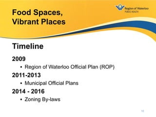2009
 Region of Waterloo Official Plan (ROP)
2011-2013
 Municipal Official Plans
2014 - 2016
 Zoning By-laws
Food Spaces,
Vibrant Places
Timeline
10
 