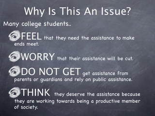 Why Is This An Issue? 
Many college students..

     FEEL that they need the assistance to make
   ends meet.

     WORRY that their assistance will be cut.
     DO NOT GET get assistance from
   parents or guardians and rely on public assistance.

     THINK         they deserve the assistance because
   they are working towards being a productive member
   of society.
 