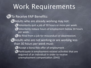 Work Requirements
To Receive FAP Beneﬁts:
  Adults who are already working may not:
    Voluntarily quit a job of 30 hours or more per week. 
    Voluntarily reduce hours of employment below 30 hours 
    per week. 
    Be ﬁred from a job for misconduct or absenteeism.
  Adults who are not working or are working less 
 than 30 hours per week must:
    Accept a bona‐ﬁde oﬀer of employment .
    ParGcipate in employment‐related acGviGes that are 
    required of an individual in order to receive 
    unemployment compensaGon. (DHS)
 
