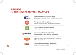 Confidential Information
| 11
Trends
in the new food tech startups
Grocery delivery integrated with recipe
discovery and cooking-related educational material
Pick up spots delivery options
(beyond home delivery), weekly featured food
Focus on health, nutrition, lifestyle
and women consumers
New verticals: tools for restaurants,
office catering, school catering, lunchboxes
Video for food lovers, cooking lessons and other
rich media content
Global repositories beyond restaurants:
recipes, chefs, kitchenware
 