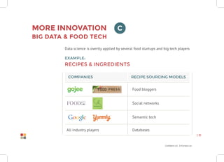 Confidential Information
| 31
More innovation
Big Data & Food Tech
Data science is overtly applied by several food startups and big tech players
Example:
recipes & ingredients
Companies Recipe sourcing models
Food bloggers
Social networks
Semantic tech
DatabasesAll industry players
C
 