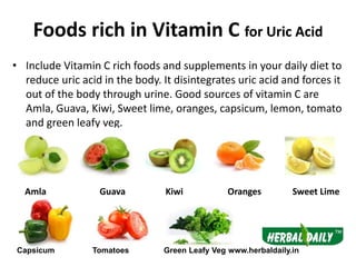 Foods rich in Vitamin C for Uric Acid
• Include Vitamin C rich foods and supplements in your daily diet to
reduce uric aci...