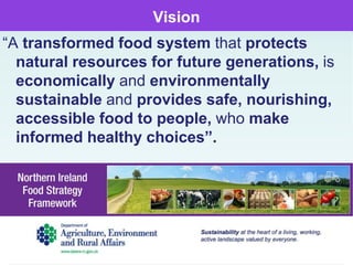 Vision
“A transformed food system that protects
natural resources for future generations, is
economically and environmentally
sustainable and provides safe, nourishing,
accessible food to people, who make
informed healthy choices”.
 