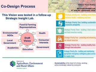 Co-Design Process
Draft
Vision
Environmental
NGOs
Food & Farming
Representatives
Academics
Health
Education
Consumer
Interests
Local
Government
This Vision was tested in a follow-up
Strategic Insight Lab.
Government
 