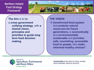 The Aim is to be
a cross government
unifying strategy, with a
shared vision,
principles and
priorities to guide long
term food decision
making.
THE VISION
“A transformed food system
that protects natural
resources for future
generations, is economically
and environmentally
sustainable and provides
safe, nourishing, accessible
food to people, who make
informed healthy choices”.
 
