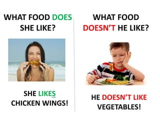 WHAT FOOD DOES
SHE LIKE?
WHAT FOOD
DOESN’T HE LIKE?
SHE LIKES
CHICKEN WINGS!
HE DOESN’T LIKE
VEGETABLES!
 