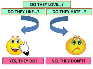 DO THEY LIKE…?
YES, THEY DO! NO, THEY DON’T!
DO THEY LOVE…?
DO THEY HATE…?
 
