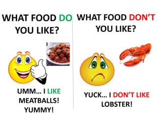 WHAT FOOD DO
YOU LIKE?
WHAT FOOD DON’T
YOU LIKE?
UMM… I LIKE
MEATBALLS!
YUMMY!
YUCK… I DON’T LIKE
LOBSTER!
 