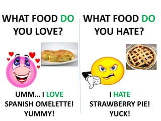 WHAT FOOD DO
YOU LOVE?
WHAT FOOD DO
YOU HATE?
UMM… I LOVE
SPANISH OMELETTE!
YUMMY!
I HATE
STRAWBERRY PIE!
YUCK!
 