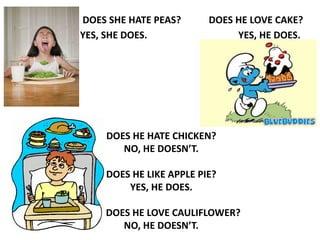 DOES SHE HATE PEAS?
YES, SHE DOES.
DOES HE LOVE CAKE?
YES, HE DOES.
DOES HE HATE CHICKEN?
NO, HE DOESN’T.
DOES HE LIKE APPLE PIE?
YES, HE DOES.
DOES HE LOVE CAULIFLOWER?
NO, HE DOESN’T.
 