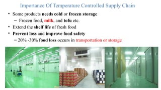 • Some products needs cold or frozen storage
– Frozen food, milk, and tofu etc.
• Extend the shelf life of fresh food
• Prevent loss and improve food safety
– 20% -30% food loss occurs in transportation or storage
Importance Of Temperature Controlled Supply Chain
 