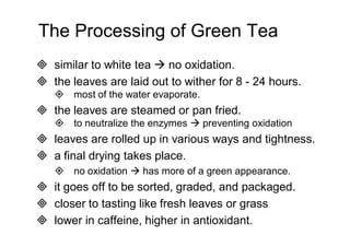 The Processing of Green Tea 
 similar to white tea  no oxidation. 
 the leaves are laid out to wither for 8 - 24 hours. 
 most of the water evaporate. 
 the leaves are steamed or pan fried. 
 to neutralize the enzymes  preventing oxidation 
 leaves are rolled up in various ways and tightness. 
 a final drying takes place. 
 no oxidation  has more of a green appearance. 
 it goes off to be sorted, graded, and packaged. 
 closer to tasting like fresh leaves or grass 
 lower in caffeine, higher in antioxidant. 
 