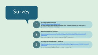 Survey
1
Survey Questionnaire
https://forms.gle/xGduPyPbQg5wPacFA
All survey responses were captured using google forms. Individual notes were also jotted down to
perform deep dive analysis at later stages.
Responses from survey
2 https://docs.google.com/forms/d/1o8i45o4NMWjs_nelfxaVQWhzcClbjKiNPGpwMcHadwM/edit?
usp=sharing
Click on the responses tab to view the responses. Total 78 respondents.
Survey responses data in excel
3 https://docs.google.com/spreadsheets/d/1lrfS-_sRbUXq9xEbvKig_dMcbAbLNJjHPa8NS9YNXnk/edit?
usp=sharing
All the responses and the data collected are stored in an excel file.
 