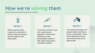 Highlight 2
A nutritionist will get in touch
with customers post
registration. Users will be
assisted with meal
personalisation based on
daily calorie requirements
and health conditions.
Highlight 3
The central cloud kitchen will
prepare meals in batches as
per the customisation. These
will be dispatched at fixed
slots during the day by our
delivery fleet.
Highlight 1
Build an app that allow
customers to subscribe for
healthy meals and choose a
diet plan based on their
fitness goals.
How we're solving them
Based on inferences from interviews & surveys conducted
 