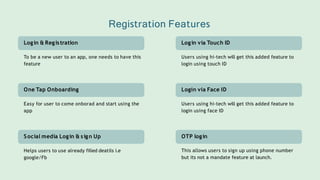 One Tap Onboarding
Easy for user to come onborad and start using the
app
Login & Registration
To be a new user to an app, one needs to have this
feature
Registration Features
Social media Login & sign Up
Helps users to use already filled deatils i.e
google/Fb
Login via Face ID
Users using hi-tech will get this added feature to
login using face ID
Login via Touch ID
Users using hi-tech will get this added feature to
login using touch ID
OTP login
This allows users to sign up using phone number
but its not a mandate feature at launch.
 