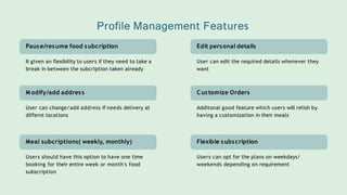 Flexible subscription
Users can opt for the plans on weekdays/
weekends depending on requirement
Customize Orders
Additonal good feature which users will relish by
having a customization in their meals
Meal subcriptions( weekly, monthly)
Users should have this option to have one time
booking for their entire week or month's food
subscription
It given an flexibility to users if they need to take a
break in between the subcription taken already
Pause/resume food subcription Edit personal details
User can edit the required details whenever they
want
M odify/add address
User can change/add address if needs delivery at
differnt locations
Profile Management Features
 