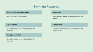 App wallet
Users who are regular in ordering will use this
feature
Secured Payment gateways
Must for users to use the app.
EM I options
For continous subscription uses can avail the
benefit of EMI
Payment Features
Digital Wallet
Users these days need multiple option for
payments
M anage payments
Users these days need multiple option for
payments
 