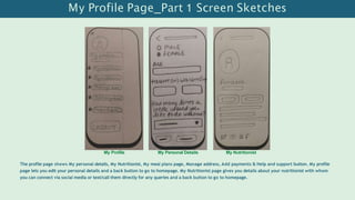 My Profile Page_Part 1 Screen Sketches
My Profile My Personal Details My Nutritionist
The profile page shows My personal details, My Nutritionist, My meal plans page, Manage address, Add payments & Help and support button. My profile
page lets you edit your personal details and a back button to go to homepage. My Nutritionist page gives you details about your nutritionist with whom
you can connect via social media or text/call them directly for any queries and a back button to go to homepage.
 