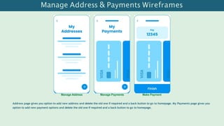 Manage Address & Payments Wireframes
Manage Address Manage Payments Make Payment
Address page gives you option to add new address and delete the old one if required and a back button to go to homepage. My Payments page gives you
option to add new payment options and delete the old one if required and a back button to go to homepage.
 