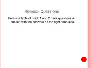 REVISION QUESTIONS
Here is a table of quick 1 and 2 mark questions on
the left with the answers on the right hand side.
 