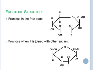 FRUCTOSE STRUCTURE
 Fructose in the free state:
 Fructose when it is joined with other sugars:
 