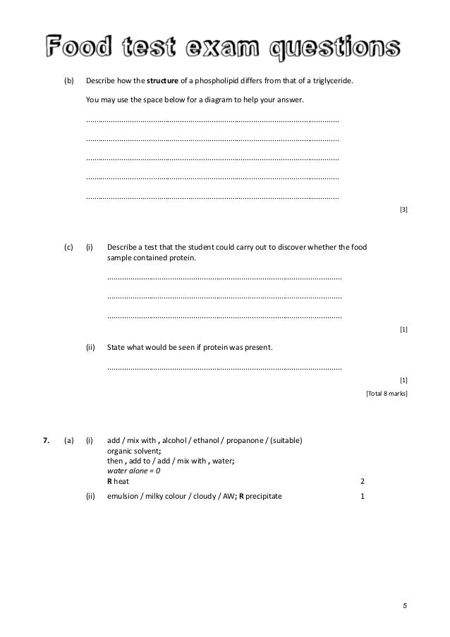 Food tests exam questions and mark scheme