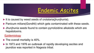 Endemic Ascites
 It is caused by weed seeds of crotalaria(jhunjhunia).
 Panicum miliare(Gondhli) which gets contaminated with these seeds.
 Jhunjhunia seeds found to contain pyrrolizidine alkaloids which are
hepatotoxins.
Epidemiology
 The overall mortality is 40%.
 In 1973 and 1976 an outbreak of rapidly developing ascites and
jaundice was reported in Nagesia tribal.
 