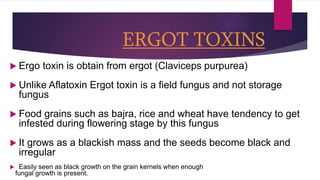 ERGOT TOXINS
 Ergo toxin is obtain from ergot (Claviceps purpurea)
 Unlike Aflatoxin Ergot toxin is a field fungus and not storage
fungus
 Food grains such as bajra, rice and wheat have tendency to get
infested during flowering stage by this fungus
 It grows as a blackish mass and the seeds become black and
irregular
 Easily seen as black growth on the grain kernels when enough
fungal growth is present.
 