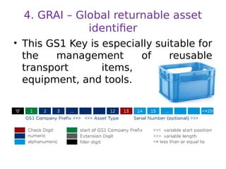 4. GRAI – Global returnable asset
identifier
• This GS1 Key is especially suitable for
the management of reusable
transport items, transport
equipment, and tools.
 