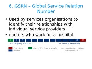 6. GSRN – Global Service Relation
Number
• Used by services organisations to
identify their relationships with
individual service providers
• doctors who work for a hospital
 
