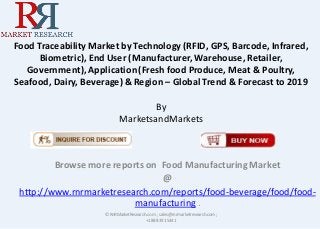 Food Traceability Market by Technology (RFID, GPS, Barcode, Infrared,
Biometric), End User (Manufacturer, Warehouse, Retailer,
Government), Application(Fresh food Produce, Meat & Poultry,
Seafood, Dairy, Beverage) & Region – Global Trend & Forecast to 2019
By
MarketsandMarkets
Browse more reports on Food Manufacturing Market
@
http://www.rnrmarketresearch.com/reports/food-beverage/food/food-
manufacturing .
© RnRMarketResearch.com ; sales@rnrmarketresearch.com;
+1 888 391 5441
 