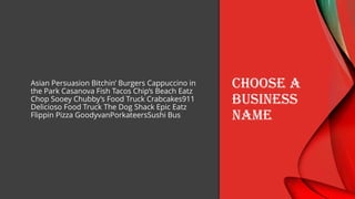 Asian Persuasion Bitchin’ Burgers Cappuccino in
the Park Casanova Fish Tacos Chip’s Beach Eatz
Chop Sooey Chubby’s Food Truck Crabcakes911
Delicioso Food Truck The Dog Shack Epic Eatz
Flippin Pizza GoodyvanPorkateersSushi Bus
CHOOSE A
BUSINESS
NAME
 