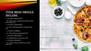 YOUR MENU SHOULD
INCLUDE
• AT LEAST 4 MAIN DISHES
Ex. Tacos, pizza, sandwiches, grilled chicken,
hamburger, etc.
• AT LEAST 3 SIDE DISHES
Ex. Rice, mashed potatoes, coleslaw, fries,
etc.
• AT LEAST 2 COMBOS
Ex. “Slice of pizza, salad and drink”
• AT LEAST 4 BEVERAGES
Ex. Bottled water, soda, juice, milk
• AT LEAST 2 DESSERTS
Ex. Cookies, cake, brownies, ice cream,
popsicles
 