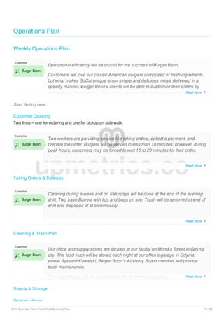 Operations Plan
Weekly Operations Plan
Start Writing here...
Examples
 Burger Boon
Operational efficiency will be crucial for the success of Burger Boon.
Customers will love our classic American burgers composed of fresh ingredients
but what makes SoCal unique is our simple and delicious meals delivered in a
speedy manner. Burger Boon’s clients will be able to customize their orders by
requesting a “secret menu” item. Fresh produce will be purchased and prepped
daily. Inventory management will ensure that sufficient quantities are prepared
Customer Queuing
Two lines – one for ordering and one for pickup on side walk.
Taking Orders & Services
Examples
 Burger Boon
Two workers are providing service like taking orders, collect a payment, and
prepare the order. Burgers will be served in less than 10 minutes; however, during
peak hours, customers may be forced to wait 15 to 20 minutes for their order.
Cleaning & Trash Plan
Examples
 Burger Boon
Cleaning during a week and on Saturdays will be done at the end of the evening
shift. Two trash Barrels with lids and bags on site. Trash will be removed at end of
shift and disposed of at commissary.
Supply & Storage
Examples
 Burger Boon
Our office and supply stores are located at our facility on Morska Street in Gdynia
city. The food truck will be stored each night at our office’s garage in Gdynia,
where Ryszard Kowalski, Berger Boon’s Advisory Board member, will provide
truck maintenance.
The ingredients will be supplied by the following suppliers:
Working Hours
upmetrics.co
Read More 
Read More 
Read More 
Read More 
2019 Business Plan | Food Truck Business Plan 14 / 29
 