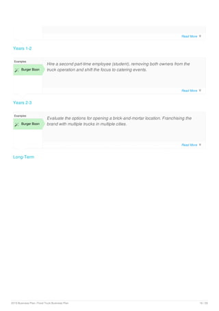 Years 1-2
Years 2-3
Examples
 Burger Boon
Hire a second part-time employee (student), removing both owners from the
truck operation and shift the focus to catering events.
Long-Term
Examples
 Burger Boon
Evaluate the options for opening a brick-and-mortar location. Franchising the
brand with multiple trucks in multiple cities.
Read More 
Read More 
Read More 
2019 Business Plan | Food Truck Business Plan 16 / 29
 