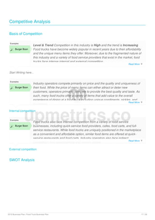 Competitive Analysis
Basis of Competition
Start Writing here...
Examples
 Burger Boon
Level & Trend Competition in this industry is High and the trend is Increasing
Food trucks have become widely popular in recent years due to their affordability
and the unique menu items they offer. Moreover, due to the fragmented nature of
this industry and a variety of food service providers that exist in the market, food
trucks face intense internal and external competition.
Internal competition
Examples
 Burger Boon
Industry operators compete primarily on price and the quality and uniqueness of
their food. While the price of menu items can either attract or deter new
customers, operators primarily compete to provide the best quality and taste. As
such, many food trucks offer a variety of items that add value to the overall
experience of dining at a food truck including unique condiments, pickles, and
beverages.
External competition
Examples
 Burger Boon
Food trucks also face intense competition from a variety of food service
businesses, including quick-service food providers, cafes, food carts, and full-
service restaurants. While food trucks are uniquely positioned in the marketplace
as a convenient and affordable option, similar food items are offered at quick-
service restaurants and food carts. Industry operators also face indirect
competition from supermarkets and grocery stores.
SWOT Analysis
upmetrics.co
Read More 
Read More 
Read More 
2019 Business Plan | Food Truck Business Plan 17 / 29
 