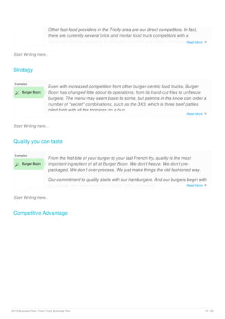 Start Writing here...
Other fast-food providers in the Tricity area are our direct competitors. In fact,
there are currently several brick and mortar food truck competitors with a
hamburger theme, including SurfBurger, Carmnik, and Zebra. However, none of
these food trucks incorporates made-to-order classic American burgers on their
Strategy
Start Writing here...
Examples
 Burger Boon
Even with increased competition from other burger-centric food trucks, Burger
Boon has changed little about its operations, from its hand-cut fries to unfreeze
burgers. The menu may seem basic to some, but patrons in the know can order a
number of "secret" combinations, such as the 3X3, which is three beef patties
piled high with all the toppings on a bun.
Quality you can taste
Start Writing here...
Examples
 Burger Boon
From the first bite of your burger to your last French fry, quality is the most
important ingredient of all at Burger Boon. We don’t freeze. We don’t pre-
packaged. We don’t over-process. We just make things the old-fashioned way.
Our commitment to quality starts with our hamburgers. And our burgers begin with
our patties. We make them from fresh, 100% pure beef.
Competitive Advantage
Read More 
Read More 
Read More 
2019 Business Plan | Food Truck Business Plan 19 / 29
 