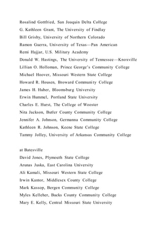 Rosalind Gottfried, San Joaquin Delta College
G. Kathleen Grant, The University of Findlay
Bill Grisby, University of Northern Colorado
Ramon Guerra, University of Texas—Pan American
Remi Hajjar, U.S. Military Academy
Donald W. Hastings, The University of Tennessee—Knoxville
Lillian O. Holloman, Prince George’s Community College
Michael Hoover, Missouri Western State College
Howard R. Housen, Broward Communi ty College
James H. Huber, Bloomsburg University
Erwin Hummel, Portland State University
Charles E. Hurst, The College of Wooster
Nita Jackson, Butler County Community College
Jennifer A. Johnson, Germanna Community College
Kathleen R. Johnson, Keene State College
Tammy Jolley, University of Arkansas Community College
at Batesville
David Jones, Plymouth State College
Arunas Juska, East Carolina University
Ali Kamali, Missouri Western State College
Irwin Kantor, Middlesex County College
Mark Kassop, Bergen Community College
Myles Kelleher, Bucks County Community College
Mary E. Kelly, Central Missouri State University
 