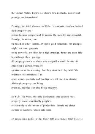 the United States. Figure 7.3 shows how property, power, and
prestige are interrelated.
Prestige, the third element in Weber ’s analysis, is often derived
from property and
power because people tend to admire the wealthy and powerful.
Prestige, however, can
be based on other factors. Olympic gold medalists, for example,
might not own property
or be powerful, yet they have high prestige. Some are even able
to exchange their prestige
for property—such as those who are paid a small fortune for
endorsing a certain brand of
sportswear or for claiming that they start their day with “the
breakfast of champions.” In
other words, property and prestige are not one-way streets:
Although property can bring
prestige, prestige can also bring property.
IN SUM For Marx, the only distinction that counted was
property, more specifically people’s
relationship to the means of production. People are either
owners or workers, which sets them
on contrasting paths in life. Their path determines their lifestyle
 