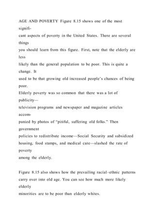 AGE AND POVERTY Figure 8.15 shows one of the most
signifi-
cant aspects of poverty in the United States. There are several
things
you should learn from this figure. First, note that the elderly are
less
likely than the general population to be poor. This is quite a
change. It
used to be that growing old increased people’s chances of being
poor.
Elderly poverty was so common that there was a lot of
publicity—
television programs and newspaper and magazine articles
accom-
panied by photos of “pitiful, suffering old folks.” Then
government
policies to redistribute income—Social Security and subsidized
housing, food stamps, and medical care—slashed the rate of
poverty
among the elderly.
Figure 8.15 also shows how the prevailing racial–ethnic patterns
carry over into old age. You can see how much more likely
elderly
minorities are to be poor than elderly whites.
 