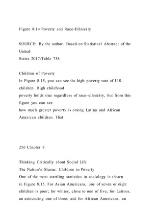 Figure 8.14 Poverty and Race-Ethnicity
SOURCE: By the author. Based on Statistical Abstract of the
United
States 2017:Table 738.
Children of Poverty
In Figure 8.15, you can see the high poverty rate of U.S.
children. High childhood
poverty holds true regardless of race–ethnicity, but from this
figure you can see
how much greater poverty is among Latino and African
American children. That
256 Chapter 8
Thinking Critically about Social Life
The Nation’s Shame: Children in Poverty
One of the most startling statistics in sociology is shown
in Figure 8.15. For Asian Americans, one of seven or eight
children is poor; for whites, close to one of five; for Latinos,
an astounding one of three; and for African Americans, an
 