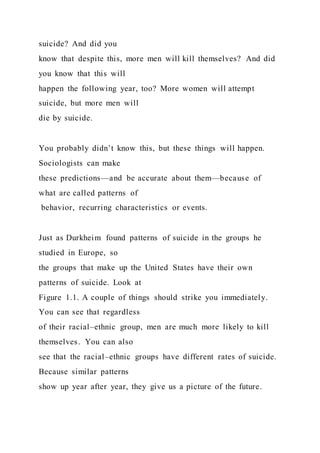 suicide? And did you
know that despite this, more men will kill themselves? And did
you know that this will
happen the following year, too? More women will attempt
suicide, but more men will
die by suicide.
You probably didn’t know this, but these things will happen.
Sociologists can make
these predictions—and be accurate about them—because of
what are called patterns of
behavior, recurring characteristics or events.
Just as Durkheim found patterns of suicide in the groups he
studied in Europe, so
the groups that make up the United States have their own
patterns of suicide. Look at
Figure 1.1. A couple of things should strike you immediately.
You can see that regardless
of their racial–ethnic group, men are much more likely to kill
themselves. You can also
see that the racial–ethnic groups have different rates of suicide.
Because similar patterns
show up year after year, they give us a picture of the future.
 